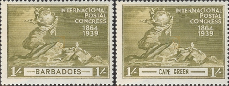 Stamps from Barbadoes and Cape Green from the 1939 75th Anniversary of IPC omnibus issue
